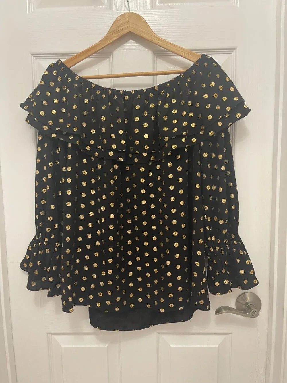 Michael Kors Black & Gold Foil Metallic Dot Off-The-Shoulder Blouse Plus Size 1X
